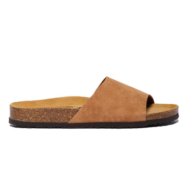 A soft orange sandal with a cork sole and an open toe box, made of nubuck leather.